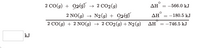 **Thermochemical Equation Manipulation**

In this example, we will explore how to manipulate thermochemical equations to find the enthalpy change (\( \Delta H^\circ \)) for a given reaction.

1. **Reaction Equations and \(\Delta H^\circ\):**

   - Equation 1:
     \[
     2 \, \text{CO}(g) + \cancel{\text{O}_2(g)} \rightarrow 2 \, \text{CO}_2(g) \quad \Delta H^\circ = -566.0 \, \text{kJ}
     \]

   - Equation 2:
     \[
     2 \, \text{NO}(g) \rightarrow \text{N}_2(g) + \cancel{\text{O}_2(g)} \quad \Delta H^\circ = -180.5 \, \text{kJ}
     \]

2. **Overall Reaction:**

   The overall chemical reaction is derived by combining the above equations and eliminating common species on both sides:

   \[
   2 \, \text{CO}(g) + 2 \, \text{NO}(g) \rightarrow 2 \, \text{CO}_2(g) + \text{N}_2(g)
   \]

3. **Overall Enthalpy Change:**

   The overall enthalpy change is the sum of the enthalpy changes from each individual reaction:

   \[
   \Delta H^\circ = -746.5 \, \text{kJ}
   \]

This demonstrates the principle of Hess's Law, where the total enthalpy change is the sum of the enthalpy changes of individual steps, allowing you to calculate the enthalpy for a desired reaction from known values.