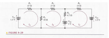 ### Figure 9-29: Electrical Circuit Schematic

This diagram represents an electrical circuit schematic with multiple loops and components. The circuit is divided into three main loops, each containing a voltage source and various resistors. Below is a detailed explanation of each component and their arrangement:

#### Components:

1. **Voltage Sources:**
   - **VS1**: 1.5 V
   - **VS2**: 3 V
   - **VS3**: 1.5 V

2. **Resistors:**
   - **R1**: 47 Ω
   - **R2**: 10 Ω
   - **R3**: 27 Ω
   - **R4**: 4.7 Ω
   - **R5**: 15 Ω

3. **Current Directions:**
   - **IA**: Clockwise direction in the first loop
   - **IB**: Clockwise direction in the second loop
   - **IC**: Clockwise direction in the third loop

#### Circuit Description:

- The leftmost loop includes the voltage source **VS1** and the resistor **R1** (47 Ω), following a clockwise path with current labeled as **IA**.
  
- The middle loop comprises the resistor **R2** (10 Ω) and **R3** (27 Ω). It also incorporates **VS2** (3 V), positioned vertically with polarity indicated, and the current in this loop is denoted as **IB**.
  
- The third loop contains **VS3** (1.5 V) and **R5** (15 Ω), with **R4** (4.7 Ω) bridging between the second and third loops. Current direction in this loop is marked as **IC**.

Each loop’s current is indicated by a curved arrow with its respective notation (IA, IB, IC), showing that all currents flow in a clockwise direction. The resistors and voltage sources are interconnected, forming a complex circuit that could be used for analysis in various electrical engineering applications.