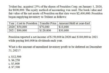 Trident Inc. acquired 25% of the shares of Poseidon Corp. on January 1, 2020,
for $600,000. The equity method of accounting was used. The book value and
fair value of the net assets of Poseidon on that date were $2,400,000. Poseidon
began supplying inventory to Trident as follows:
Year Cost to Poseidon Transfer Price
Amount Held at year-End
2020 $50,000
$10,000
$30,000
2021 $90,000
$70,000
$120,000
Poseidon reported a net income of $150,000 in 2020 and $180,000 in 2021
while paying $60,000 in dividends each year.
What is the amount of unrealized inventory profit to be deferred on December
31, 2021?
a. $12,500
b. $6,250
c. $5,000
d. $7,500