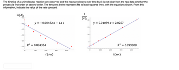 The kinetics of a unimolecular reaction are observed and the reactant decays over time but it is not clear from the raw data whether the
process is first-order or second-order. The two plots below represent fits to least-squares lines, with the equations shown. From this
information, indicate the value of the rate constant.
1
[A]t
20
y = -0.00482 x - 1.11
y = 0.04039 x + 2.0267
15
SE
10
5
400
In [A]t
-0.5
-1
-1.5
-2.0
-2.5
-3.0
0
R² = 0.894354
100
200
t (sec)
300
0
100
200
R² = 0.999308
300
t (sec)
400