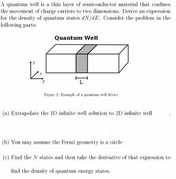 A quantum well is a thin layer of semiconductor material that confines
the movement of charge carriers to two dimensions. Derive an expression
for the density of quantum states dN/dE. Consider the problem in the
following parts:
X
Z
Quantum Well
Figure 2: Example of a quantum well device
(a) Extrapolate the 1D infinite well solution to 2D infinite well
(b) You may assume the Fermi geometry is a circle
(c) Find the N states and then take the derivative of that expression to
find the density of quantum energy states.