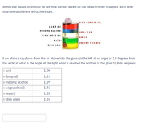 Immiscible liquids (ones that do not mix) can be placed on top of each other in a glass. Each layer
may have a different refractive index.
PING PONG BALL
LAMP OIL
RUBBING ALCOHOL
SODA CAP
BEADS
VEGETABLE OIL
WATER
CHERRY TOMATO
DISH SOAP
If we shine a ray down from the air above into the glass on the left at an angle of 3.8 degrees from
the vertical, what is the angle of the light when it reaches the bottom of the glass? (Units: degrees)
n (air)
1.00
n (lamp oil)
1.51
n (rubbing alcohol)
n (vegetable oil)
n (water)
n (dish soap)
1.39
1.45
1.33
1.35
