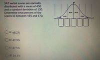 SAT verbal scores are normally
distributed with a mean of 450
and a standard deviation of 120.
Determine what percent of the
scores lie between 450 and 570.
34.1%
34.1%
13.6%
13.6%
O a) 68.2%
O b) 49.9%
c) 47.5%
d) 34.1%
