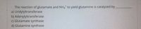 The reaction of glutamate and NH,* to yield glutamine is catalyzed by
a) Uridylyltransferase
b) Adenylyltransferase
c) Glutamate synthase
d) Glutamine synthase
