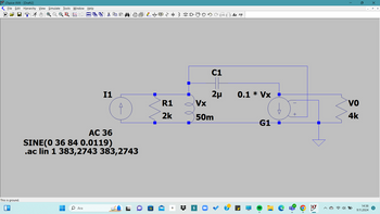 LTspice XVII - [Draft2]
File Edit Hierarchy View Simulate Tools Window Help
Aa .op
I1
AC 36
←
SINE(0 36 84 0.0119)
.ac lin 1 383,2743 383,2743
This is ground.
○ Ara
C1
2μ
0.1 Vx
R1
Vx
2k
50m
G1
+
>
0
0
Vo
4k
х
5
14:38
9.11.2024