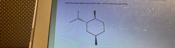 ### Cycloalkane Chair Conformation Explanation

**Problem Statement:**
Draw the most stable chair conformation of the following cyclohexane.

**Diagram Description:**
The image shows a molecular structure that includes a cyclohexane ring with six carbon atoms. Attached to the ring are various substituents, including a methyl group and a position indicating an axial substituent.

**Understanding Chair Conformations:**
Cyclohexane can adopt several conformations, but the most stable form is the chair conformation due to minimized steric hindrance and torsional strain. In the chair form, substituents occupy either axial (up or down, along the imaginary axis of the ring) or equatorial (around the equator of the ring) positions.

**Key Points to Consider:**
1. **Axial and Equatorial Positions:**
   - Axial positions are more sterically hindered and less stable compared to equatorial positions.
   - Larger groups prefer the equatorial position due to reduced steric interactions with other axial hydrogen atoms.

2. **Substituent Placement:**
   - The given structure shows an axial and equatorial designation for certain substituents.
   - To ensure the most stable conformation, larger substituents should be placed in the equatorial position where there is less steric hindrance.

### How to Draw the Most Stable Conformation:
1. **Identify Substituents:**
   - Determine the positions of all substituents on the cyclohexane ring.
   - For this example, there is a mono-substituted methyl group shown on the cyclohexane.

2. **Substituent Size Consideration:**
   - For a mono-substituted cyclohexane, the chair conformation should place this substituent in the equatorial position to minimize steric strain.

3. **Drawing Steps:**
   - Draw the cyclohexane ring in its chair conformation.
   - Add the substituent (methyl group in this case) in the equatorial position.
   - Adjust any remaining hydrogen atoms to occupy the appropriate axial or equatorial positions, ensuring maximum stability.

### Conclusion:
By drawing the cyclohexane in its most stable chair conformation with the given substituent, stability is maximized and steric hindrance minimized. This principle is fundamental in organic chemistry for understanding the behavior of cyclic molecules.

**Note:**
This explanation aids in visualizing and understanding