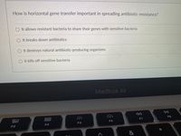 How is horizontal gene transfer important in spreading antibiotic resistance?
It allows resistant bacteria to share their genes with sensitive bacteria
O It breaks down antibiotics
It destroys natural antibiotic-producing organisms
It kills off sensitive bacteria
MacBook Air
80
F8
F7
F6
F3
F4
F5
&
