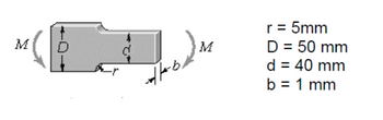 ### Transcription of Mechanical Diagram and Annotations

**Diagram Explanation:**

The image depicts a mechanical component with various dimensions. It has a complex shape featuring a larger diameter at the base and a reduced diameter in the middle section. The diagram shows the application of moments, denoted by "M", at two points which are likely affecting its mechanical properties.

**Annotated Dimensions:**

- **r = 5 mm**: This indicates the radius of the curvature or fillet between the two sections of different diameters.
- **D = 50 mm**: The larger diameter of the component.
- **d = 40 mm**: The reduced diameter in the middle section.
- **b = 1 mm**: The width or thickness of the component at the reduced section.

This illustration is likely used for educational purposes in mechanical engineering to discuss the properties of materials, stress analysis, or design constraints. Understanding how dimensions and applied moments affect the component is crucial in such analyses.