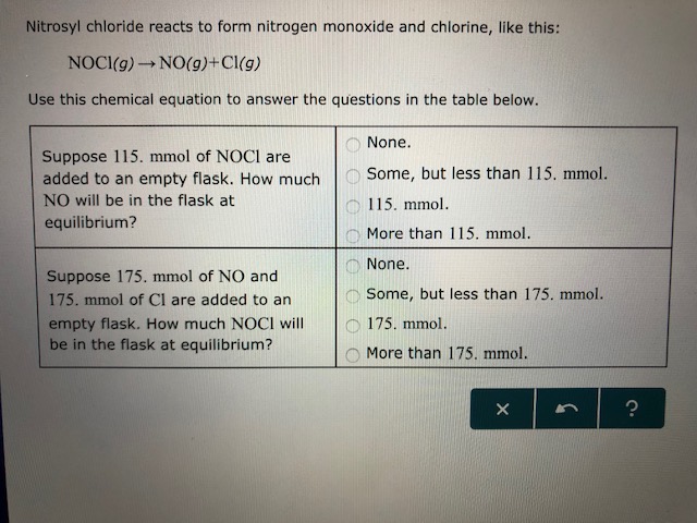 Nitrosyl chloride reacts to form nitrogen monoxide and chlorine, like this:
NOCI(g)NO(9)+Cl(g)
Use this chemical equation to answer the questions in the table below.
None.
Suppose 115. mmol of NOCl are
added to an empty flask. How much
NO will be in the flask at
equilibrium?
Some, but less than 115. mmol.
115. mmol.
n More than 115. mmol.
nNone.
O Some, but less than 175. mmol.
Suppose 175. mmol of NO and
175. mmol of CI are added to an
empty flask. How much NOCl wl|O 175. mmol
be in the flask at equilibrium?
O More than 175. mmol.

