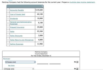 Martinez Company had the following account balances for the current year. Prepare a multiple-step income statement.
0
Accounts Payable
Cost of Goods Sold
Dividends
General and Administrative
Expenses
Prepaid Insurance
Sales
Sales Discounts
Sales Returns and Allowances
Selling Expenses
Revenues:
(Choose one)
Net Sales
(Choose one)
$ 45,600
60,100
10,000
8,100
29,000
93,300
3,000
4,800
11,900
Martinez Company
Income Statement
For Year Ended, December 31