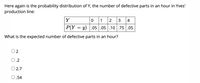 Here again is the probability distribution of Y, the number of defective parts in an hour in Yves'
production line:
Y
0 1 2
3 4
P(Y = y) |.05 .05 .10 .75 .05
What is the expected number of defective parts in an hour?
O 2
0.2
2.7
0.54
