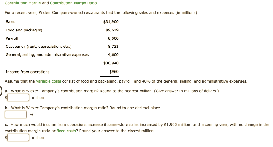 Contribution Margin and Contribution Margin Ratio
For a recent year, Wicker Company-owned restaurants had the following sales and expenses (in millions):
Sales
$31,900
Food and packaging
$9,619
Payroll
8,000
Occupancy (rent, depreciation, etc.)
8,721
General, selling, and administrative expenses
4,600
$30,940
Income from operations
$960
Assume that the variable costs consist of food and packaging, payroll, and 40% of the general, selling, and administrative expenses.
a. What is Wicker Company's contribution margin? Round to the nearest million. (Give answer in millions of dollars.)
million
b. What is Wicker Company's contribution margin ratio? Round to one decimal place.
c. How much would income from operations increase if same-store sales increased by $1,900 million for the coming year, with no change in the
contribution margin ratio or fixed costs? Round your answer to the closest million.
million
