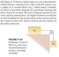 (II) Figure 4–53 shows a block (mass ma) on a smooth hori-
zontal surface, connected by a thin cord that passes over
a pulley to a second block (mB), which hangs vertically.
(a) Draw a free-body diagram for each block, showing the
force of gravity on each, the force (tension) exerted by the
cord, and any normal force. (b) Apply Newton's second law
to find formulas for the acceleration of the system and for
the tension in the cord. Ignore friction and the masses of
the pulley and cord.
FIGURE 4–53
Problems 32 and 33.
mB
Mass ma rests on a
smooth horizontal
surface; mâ hangs
vertically.
