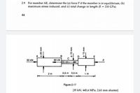 2.9 For member AE, determine the (a) force P if the member is in equilibrium; (b)
maximum stress induced; and (c) total change in length (E = 210 GPa).
44
A
в
50 kN
80 kN
65 kN
2 m
0,5 m 0,5 m
1 m
Figure 2.17
[35 kN; 445,6 MPa; 2,61 mm shorter]
20 mm
+ 10 mm
+ 15 mm
