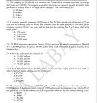 22. The company has P5,000,000 n in inventory and P2,000,000 in accounts receivable. Its average
daily sales are P100,000. The company's payables deferral period (accounts payable divided by daily
purchases) is 30 days. What is the length of the company's cash conversion cycle?
A. 100 days
B. 60 days
C. 50 days
D. 40 days
23. A company annually consumes 10,000 units of Part X. The carrying cost of this part is P2 per
year and the ordering costs are P100. The company uses an order quantity of 500 units. If the
company operates 200 days per year, and the lead time for ordering Part X is 5 days, what is the
order point?
A. 250 units
B. 1,000 units
C. 500 units
D. 2,000 units
24 – 25. The Corporation operates its factory 300 days per year. Its annual consumption of Material
A is 1,200,000 gallons. It carries a 10,000-gallon safety stock of Material A and its lead time is 12
business days.
24. What is the order point for Material A?
A. 10,000 gallons
B. 38,000 gallons
C. 48,000 gallons
D. 58,000 gallons
25. If the EOQ for Material A is 30,000 gallons, and the carrying cost per gallon per year is PO.25,
what is the total annual carrying cost for Material A?
А. Р3,750
В. Р7,500
С. Р6,250
D. P10,000
ABAY
26. The Corporation consumes 1,200,000 gallons of Material Y per year. Its order quantity is
30,000 gallons. It maintains a safety stock of 10,000 gallons and its annual carrying costs are PO.25
per gallon per year. If the ordering cost is P20 per order, what are the total annual ordering costs?
А. Рб00
В. Р800
С. Р8,300
D. P1,200
