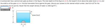 A vertical dam has a semicircular gate as shown in the figure. The total depth d of the figure is 14 m, the heighth of air above the water level is 2 m, and
the width w of the gate is 4 m. Find the hydrostatic force against the gate. (Round your answer to the nearest whole number. Use 9.8 m/s² for the
acceleration due to gravity. Recall that the weight density of water is 1000 kg/m³.)
XN
Enter a number.
d
W
h
water level