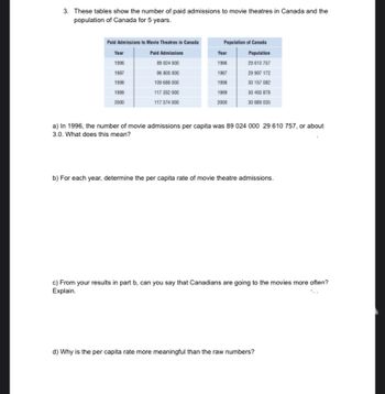 3. These tables show the number of paid admissions to movie theatres in Canada and the
population of Canada for 5 years.
Paid Admissions to Movie Theatres in Canada
Paid Admissions
89 024 000
96 805 000
109 688 000
117 352 000
117 574 000
Year
1996
1997
1998
1999
2000
Population of Canada
Population
29 610 757
29 907 172
30 157 082
Year
1996
1997
1998
1999
2000
30 403 878
30 689 035
a) In 1996, the number of movie admissions per capita was 89 024 000 29 610 757, or about
3.0. What does this mean?
b) For each year, determine the per capita rate of movie theatre admissions.
c) From your results in part b, can you say that Canadians are going to the movies more often?
Explain.
d) Why is the per capita rate more meaningful than the raw numbers?