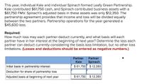 This year, individual Kale and individual Spinach formed Leafy Green Partnership.
Kale contributed $61,750 cash, and Spinach contributed business assets with a
$61,750 FMV. Spinach's adjusted basis in these assets was only $12,350. The
partnership agreement provides that income and loss will be divided equally
between the two partners. Partnership operations for the year generated a
$45,600 loss.
Required:
How much loss may each partner deduct currently, and what basis will each
partner have in her interest at the beginning of next year? Determine the loss each
partner can deduct currently considering the basis loss limitation, but no other loss
limitations. (Losses and deductions should be entered as negative numbers.)
Partner
Kale
Partner
Spinach
Initial basis in partnership interest
$ 61,750 $ 12,350
Deduction for share of partnership loss
Adjusted basis at beginning of next year
$ 61,750
$ 12,350
