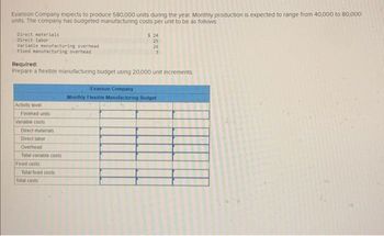 Evanson Company expects to produce 580,000 units during the year. Monthly production is expected to range from 40,000 to 80,000
units. The company has budgeted manufacturing costs per unit to be as follows:
Direct materials
Direct labor
Variable manufacturing overhead
Fixed manufacturing overhead
Required:
Prepare a flexible manufacturing budget using 20,000 unit increments.
Activity level
Finished units
Variable costs
Direct materials
Direct labor
Overhead
Total variable costs
Fixed costs
Total fixed costs
$ 24
25
26
3
Total costs
Evanson Company
Monthly Flexible Manufacturing Budget.