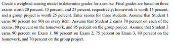 Create a weighted scoring model to determine grades for a course. Final grades are based on three
exams worth 20 percent, 15 percent, and 25 percent, respectively; homework is worth 15 percent;
and a group project is worth 25 percent. Enter scores for three students. Assume that Student 1
earns 90 percent (or 90) on every item. Assume that Student 2 earns 70 percent on each of the
exams, 80 percent on the homework, and 95 percent on the group project. Assume that Student 3
earns 90 percent on Exam 1, 80 percent on Exam 2, 75 percent on Exam 3, 80 percent on the
homework, and 70 percent on the group project.