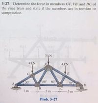 3-27. Determine the force in members GF. FB, and BC of
the Fink truss and state if the members are in tension or
compression.
3 kN
4 kN
4 kN
G.
30
60
60
30
D.
B.
-3 m
3 m
3 m
Prob. 3-27
