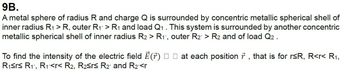 9B.
A metal sphere of radius R and charge Q is surrounded by concentric metallic spherical shell of
inner radius R1 > R, outer R1 > R1 and load Q1 . This system is surrounded by another concentric
metallic spherical shell of inner radius R2 > R₁', outer R2 > R2 and of load Q2 .
To find the intensity of the electric field Ě (ř) ☐☐ at each position ŕ, that is for r≤R, R<r< R1,
R1srs R1, R1<r< R2, R2≤r≤ R2 and R2 <r