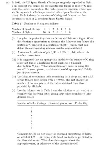 (a) In 1986, the US Space Shuttle Challenger tragically exploded in flight.
This accident was caused by the catastrophic failure of rubber 'O-ring'
seals that linked segments of the rocket boosters together. There were
six O-ring seals in Challenger (and all other Space Shuttles at the
time). Table 1 shows the numbers of O-ring seal failures that had
occurred on each of 23 previous Space Shuttle flights.
Table 1 Number of O-ring seal failures
Number of failed O-rings 0 1 23 4 5 6
Number of flights
16 5200 0 0
(i) Let p be the probability that an O-ring seal fails on a flight. What
distribution is appropriate to describe the failure or non-failure of a
particular O-ring seal on a particular flight? (Ensure that you
define the corresponding random variable appropriately.)
(ii) A reasonable estimate of p is 3/46~ 0.065. Explain where this
number comes from.
(iii) It is suggested that an appropriate model for the number of O-ring
seals that fail on a particular flight might be a binomial
distribution B(6, p). What assumptions are made by using this
model? In your opinion, is a binomial model appropriate? Briefly
justify your answer.
(iv) Use Minitab to obtain a table containing both the p.m.f. and c.d.f.
of the B(6, p) distribution with p = 0.065. (Do not change the
number of decimal places of the values obtained from those
provided by Minitab.)
(v) Use the information in Table 1 and the solution to part (a)(iv) to
complete the following table, giving your values rounded to three
decimal places.
Number of failed O-rings Observed proportion Probability
0
1
2
3
4
5
6
Comment briefly on how close the observed proportions of flights
on which 0, 1, 2, ..., 6 O-ring seals failed are to those predicted by
the binomial model. What does this suggest about the
appropriateness, or otherwise, of the binomial model?