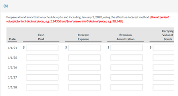 (b)
Prepare a bond amortization schedule up to and including January 1, 2028, using the effective-interest method. (Round present
value factor to 5 decimal places, e.g. 1.24356 and final answers to 0 decimal places, e.g. 38,548.)
Date
1/1/24
1/1/25
1/1/26
1/1/27
1/1/28
$
Cash
Paid
$
Interest
Expense
$
Premium
Amortization
GA
Carrying
Value of
Bonds