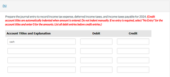 (b)
Prepare the journal entry to record income tax expense, deferred income taxes, and income taxes payable for 2024. (Credit
account titles are automatically indented when amount is entered. Do not indent manually. If no entry is required, select "No Entry" for the
account titles and enter O for the amounts. List all debit entries before credit entries.)
Account Titles and Explanation
cash
Debit
Credit
WIT