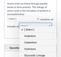 Amino acids are linked through peptide
bonds to form proteins. This linkage of
amino acids in the formation of proteins is
accomplished by
[ Select ]
reactions, an
[ Select 1
example of
V [ Select ]
Anabolism
Catabolism
Questio
Hydrolysis
Glycosidic Linkage
