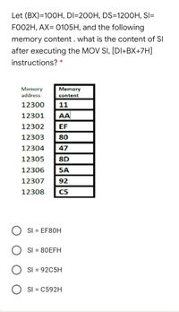 Let (BX)=100H, DI=200H, DS=1200H, SI=
FO02H, AX= 0105H, and the following
memory content. what is the content of SI
after executing the MOV SI, [DI+BX+7H]
instructions? *
Memory
Memory
address
content
12300
11
12301
AA
12302
EF
12303
80
12304
47
12305
8D
12306
5A
12307
92
12308
C5
SI = EF80H
SI = 80EFH
SI = 92C5H
SI = C592H
