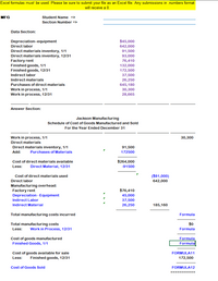 Excel formulas must be used. Please be sure to submit your file as an Excel file. Any submissions in .numbers format
will receive a 0.
MFG
Student Name =>
Section Number =>
Data Section:
$45,000
642,000
Depreciation-equipment
Direct labor
Direct materials inventory, 1/1
Direct materials inventory, 12/31
Factory rent
Finished goods, 1/1
Finished goods, 12/31
Indirect labor
91,500
93,000
76,410
132,000
172,500
37,500
26,250
645,180
30,300
28,665
Indirect materials
Purchases of direct materials
Work in process, 1/1
Work in process, 12/31
Answer Section:
Jackson Manufacturing
Schedule of Cost of Goods Manufactured and Sold
For the Year Ended December 31
Work in process, 1/1
30,300
Direct materials
Direct materials inventory, 1/1
91,500
Add:
Purchases of Materials
172500
Cost of direct materials available
$264,000
Less:
Direct Material, 12/31
-91500
Cost of direct materials used
($81,000)
Direct labor
642,000
Manufacturing overhead:
$76,410
Factory rent
Depreciation - Equipment
45,000
Indirect Labor
37.500
Indirect Material
26,250
185,160
Total manufacturing costs incurred
Formula
Total manufacturing costs
$0
Less:
Work in Process, 12/31
Formula
Cost of goods manufactured
Formula
Finished Goods, 1/1
Formula
Cost of goods available for sale
FORMULA11
Less:
Finished goods, 12/31
172,500
Cost of Goods Sold
FORMULA12
===========
