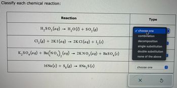 **Classify each chemical reaction:**

1. **Reaction:** \( \text{H}_2\text{SO}_3(aq) \rightarrow \text{H}_2\text{O}(l) + \text{SO}_2(g) \)  
   **Type:** [choose one]
   
2. **Reaction:** \( \text{Cl}_2(g) + 2\text{KI}(aq) \rightarrow 2\text{KCl}(aq) + \text{I}_2(s) \)  
   **Type:** [choose one]
   
3. **Reaction:** \( \text{K}_2\text{SO}_4(aq) + \text{Ba}(\text{NO}_3)_2(aq) \rightarrow 2\text{KNO}_3(aq) + \text{BaSO}_4(s) \)  
   **Type:** [choose one]

4. **Reaction:** \( 16\text{Na}(s) + \text{S}_8(g) \rightarrow 8\text{Na}_2\text{S}(s) \)  
   **Type:** [choose one]

**Type Options:**

- combination
- decomposition
- single substitution
- double substitution
- none of the above

This activity requires students to classify each chemical reaction into one of the given types. A dropdown menu with classification options is provided for each reaction.