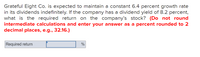 Grateful Eight Co. is expected to maintain a constant 6.4 percent growth rate
in its dividends indefinitely. If the company has a dividend yield of 8.2 percent,
what is the required return on the company's stock? (Do not round
intermediate calculations and enter your answer as a percent rounded to 2
decimal places, e.g., 32.16.)
Required return
%
