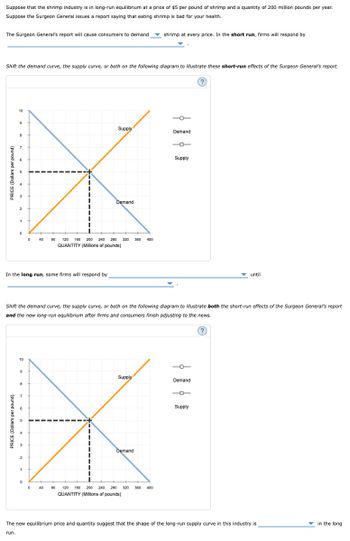 run.
PRICE (Dollars per pound)
Suppose that the shrimp industry is in long-run equilibrium at a price of $5 per pound of shrimp and a quantity of 200 million pounds per year.
Suppose the Surgeon General issues a report saying that eating shrimp is bad for your health.
The Surgeon General's report will cause consumers to demand
shrimp at every price. In the short run, firms will respond by
Shift the demand curve, the supply curve, or both on the following diagram to illustrate these short-run effects of the Surgeon General's report.
PRICE (Dollars per pound)
1
2
7
10
9
Supply
Demand
Demand
0
80
120 160 200 240 280 320 360 400
QUANTITY (Millions of pounds)
In the long run, some firms will respond by
Supply
until
Shift the demand curve, the supply curve, or both on the following diagram to illustrate both the short-run effects of the Surgeon General's report
and the new long-run equilibrium after firms and consumers finish adjusting to the news.
1
2
10
9
Supply
Demand
8
7
Demand
0
0
80
120 160 200 240 280 320 360 400
QUANTITY (Millions of pounds)
Supply
The new equilibrium price and quantity suggest that the shape of the long-run supply curve in this industry is
in the long