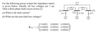 j0.2
For the following power system the impedance matrix
is given below. Initially all bus voltages are 1 pu.
Then a three-phase fault occurs at bus (2).
j0.25
j0.2
(3)
(1)
j0.1 :
(a) What is the fault current?
(2)
j0.125
j0.1
(b) What are the post-fault bus voltages?
3.
0.0625
0.02083 0.02083'
Zbus
0.02083 0.07044 0.02282
0.02083 0.02282
0.06091
