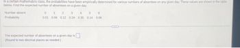 In a certain mathematics class, the probabilities have been empirically determined for various numbers of absentees on any given day. These values are shown in the table
below. Find the expected number of absentees on a given day.
Number absent
Probability
0
0.01
5
6
1 2 3 4
0.08 0.12 0.24 0.35 0.14 0.06
The expected number of absentees on a given day is
(Round to two decimal places as needed.)