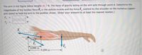 The arm in the figure below weighs 36.7 N. The force of gravity acting on the arm acts through point A. Determine the
magnitudes of the tension force F, In the deltoid muscle and the force F exerted by the shoulder on the humerus (upper-
arm bone) to hold the arm in the position shown. (Enter your answers to at least the nearest newton.)
F, =
N
0,080 m
0.290 m
