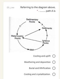 نقطتان )2(
Referring to the diagram above,
. path A is
Sedimentary
Rocks
Sediments
Metamorphic
Rocks
Igneous
Rocks
Melt-
Cooling and uplift O
Weathering and deposition
Burial and lithification
Cooling and crystallization. O
