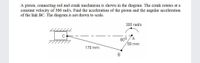 A piston, connecting rod and crank mechanism is shown in the diagram. The crank rotates at a
constant velocity of 300 rad/s. Find the acceleration of the piston and the angular acceleration
of the link BC. The diagram is not drawn to scale.
300 rad/s
60°
50 mm
170 mm
B
