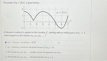 The graph of y = f(x) is given below.
2
1
y= f(x)
2
3
4
6
-1+
If Newton's method is applied to the function f, starting with an initial guess of ₁ = 1,
what happens to the iterates 22, 23, 24,...?
22=1.5, 33, and z = 6.75.
O26 and 3 cannot be calculated because f'(x2)=0.
4
O The iterates 22, 23, 24,... oscillate and do not approach any zero.
O The iterates #2, #3, #4,... will approach the zero z=5