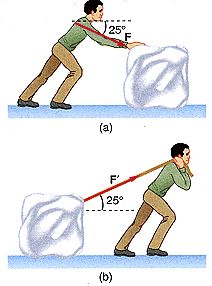 ### Understanding Forces in Motion: Pushing vs. Pulling

#### Diagram Analysis

The image above illustrates two scenarios where a person is either pushing or pulling a heavy object (a large rock) across a surface. The diagrams are designed to help understand the forces involved in these actions.

#### Diagram Details

##### Pushing Scenario (Top Image):

- **Person's Position and Effort:** The person is leaning forward with hands placed on the rock, applying force to push it.
- **Forces Illustrated:**
  - The diagram shows an arrow labeled **\[F\]** (Force) pointing perpendicular from the person's hands directly toward the rock to indicate the direction of the applied force.
  - The surface appears to be horizontal, implying the person is exerting force horizontally.

##### Pulling Scenario (Bottom Image):

- **Person's Position and Effort:** The person has a rope or strap over their shoulder, pulling the rock by moving forward.
- **Forces Illustrated:**
  - The diagram shows an arrow labeled **\[F\]** (Force) extending backward from the rock toward the person to demonstrate the direction of the pulling force.
  - Again, the surface is horizontal, indicating the pulling force is also applied horizontally but in the opposite direction compared to pushing.

#### Educational Objective

- **Physics Concept:** These diagrams are used to illustrate the principle of force and how it acts in different scenarios.
  - **Force Direction:** Understanding how the direction in which force is applied (pushing vs. pulling) affects the movement of objects.
  - **Efficiency and Effort:** Comparing the physical effort required in both pushing and pulling can help explain concepts of friction, body mechanics, and optimal movement strategies.

By analyzing such diagrams, students can gain a deeper understanding of fundamental physics concepts like force, friction, and vector components in real-world applications.