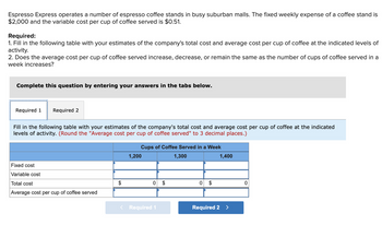 Espresso Express operates a number of espresso coffee stands in busy suburban malls. The fixed weekly expense of a coffee stand is
$2,000 and the variable cost per cup of coffee served is $0.51.
Required:
1. Fill in the following table with your estimates of the company's total cost and average cost per cup of coffee at the indicated levels of
activity.
2. Does the average cost per cup of coffee served increase, decrease, or remain the same as the number of cups of coffee served in a
week increases?
Complete this question by entering your answers in the tabs below.
Required 1 Required 2
Fill in the following table with your estimates of the company's total cost and average cost per cup of coffee at the indicated
levels of activity. (Round the "Average cost per cup of coffee served" to 3 decimal places.)
Fixed cost
Variable cost
Total cost
Average cost per cup of coffee served
$
Cups of Coffee Served in a Week
1,300
1,200
0 $
Required 1
0 $
1,400
Required 2 >
0