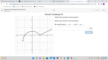 AP OneStop Austin Peay State U X
→ с
Your Shopping Cart...
=
●
74°F
Sunny
News - Mathematics 1710-W X
Domain and Range Introduction
zuleika Zahra
Course Home AP Human Anatomy &... Solve - Solve inequ...
-8
student.desmos.com/activitybuilder/instance/63238ca207b4bfb771614f4c/student/633220115784706f873a6c20#screenld=96844342-56ce-4f65-a450-2d7ee3a778... ☆
Logout
-8
■
DownloadAttachment
xx
8
Domain Challenge #1
X d Domain and Range Introduct X +
What is the domain of the function?
Enter your answer in the box below.
Be careful about vs.< and > vs. >
6
Submit
<
6 of 15
x
☐
X
Next >
6:41 PM
9/26/2022
: