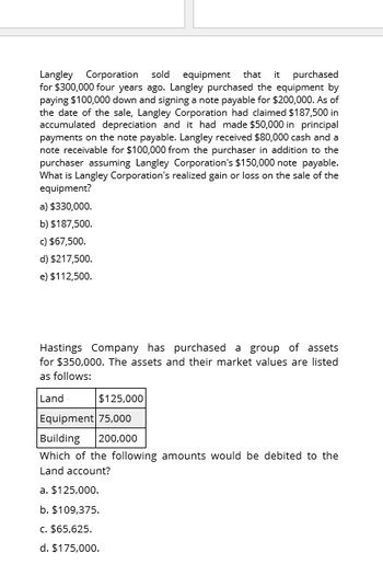 Langley Corporation sold equipment that it purchased
for $300,000 four years ago. Langley purchased the equipment by
paying $100,000 down and signing a note payable for $200,000. As of
the date of the sale, Langley Corporation had claimed $187,500 in
accumulated depreciation and it had made $50,000 in principal
payments on the note payable. Langley received $80,000 cash and a
note receivable for $100,000 from the purchaser in addition to the
purchaser assuming Langley Corporation's $150,000 note payable.
What is Langley Corporation's realized gain or loss on the sale of the
equipment?
a) $330,000.
b) $187,500.
c) $67,500.
d) $217,500.
e) $112,500.
Hastings Company has purchased a group of assets
for $350,000. The assets and their market values are listed
as follows:
Land
$125,000
Equipment 75,000
Building
200,000
Which of the following amounts would be debited to the
Land account?
a. $125,000.
b. $109,375.
c. $65,625.
d. $175,000.