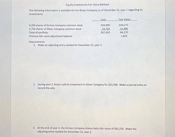 Equity Investments Fair Value Method
The following information is available for the Rosen Company as of December 31, year 1 regarding its
investments.
4,200 shares of Grimes Company common stock
3,750 shares of Oliver Company common stock
Total of portfolio
Previous fair value adjustment balance
Cost
$43,900
23,750
$67,650
Requirements
1. Make an adjusting entry needed for December 31, year 1.
Fair Value
$44,275
21,995
66,270
1,650
2. During year 2, Rosen sold its investment in Oliver Company for $22,500. Make a journal entry to
record the sale.
3. At the end of year 2, the Grimes Company shares had a fair value of $45,250. Make the
adjusting entry needed for December 31, year 2.