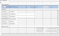 ### Client Entry Form Overview

The "ClientEntry" form is used to manage client information effectively. This form is structured into three main sections: the Form Header, Detail section, and Form Footer. Below is a detailed description of each section and the fields within the form.

#### Form Header
- **Title**: "Client Entry"
- **Print Button**: The header includes a button labeled "Print Client" to print the details of a client entry.
- **Dropdown**: An unbound dropdown menu is present, likely for selecting various options or navigating between different clients or forms.

#### Detail Section
This section contains the core fields where client-specific information is entered and displayed:
- **ClientID**: A unique identifier for each client.
- **FirstName**: The first name of the client.
- **LastName**: The last name of the client.
- **DateOfBirth**: The birth date of the client.
- **Gender**: The gender of the client.
- **StartDate**: The date when the client started.

Each field is laid out in a grid-like structure, providing clear and organized input areas.

#### Form Footer
The footer is designed to display aggregate information based on the data entered in the form:
- **Total Clients**: This field uses the `=Count([ClientID])` expression to display the total number of clients entered into the system.
- **Total Fees**: This field uses the `=Sum([MonthlyFee])` expression to calculate and show the total fees collected, based on the clients' data.

#### Graphs or Diagrams
There are no graphs or diagrams present in this form. The form strictly contains input fields and aggregate fields for summarizing the client data.

This structure ensures that all necessary client information is captured systematically and provides useful aggregate data for overview and reporting purposes.