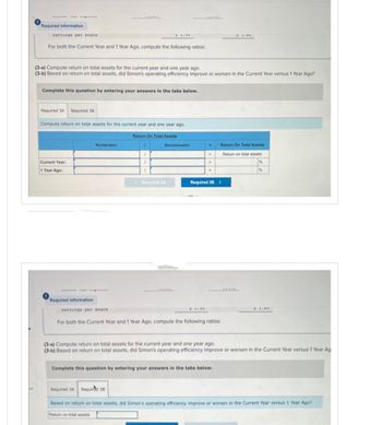 wwwwww
Required information
Earnings per anare
For both the Current Year and 1 Year Ago, compute the following ratios:
(3-a) Compute return on total assets for the current year and one year ago.
(3-b) Based on return on total assets, did Simon's operating efficiency improve or worsen in the Current Year versus 1 Year Ago?
Complete this question by entering your answers in the tabs below.
Required 3A Required 38
Current Year:
1 Year Ago:
Compute return on total assets for the current year and one year ago..
Required information
94.90
Numerator:
Return On Total Assets
1
1
1
1
Denominator:
(Required 3A
=
1.90
.
Required 3B >
L.BU
Return On Total Assets
Return on total assets
%
%
Earnings per snare
For both the Current Year and 1 Year Ago, compute the following ratios:
Complete this question by entering your answers in the tabs below.
L.O0
(3-a) Compute return on total assets for the current year and one year ago.
(3-b) Based on return on total assets, did Simon's operating efficiency improve or worsen in the Current Year versus 1 Year Ag
Required 3A Required 38
Based on return on total assets, did Simon's operating efficiency improve or worsen in the Current Year versus 1 Year Ago?
Return on total assets