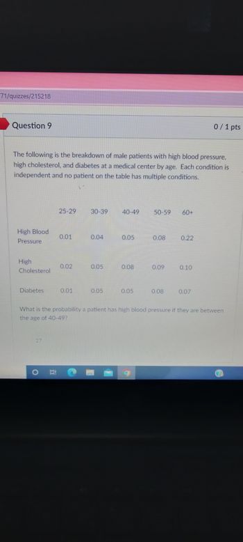 ### Question 9

#### Overview
The following table presents the breakdown of male patients with high blood pressure, high cholesterol, and diabetes at a medical center, categorized by age groups. Each medical condition is independent, and no patient in the table has multiple conditions.

#### Data Table:
| Condition         | Age Group     | 
|-------------------|---------------| 
|                   | 25-29 | 30-39 | 40-49 | 50-59 | 60+  | 
| **High Blood Pressure** | 0.01  | 0.04  | 0.05  | 0.08  | 0.22 |
| **High Cholesterol**    | 0.02  | 0.05  | 0.08  | 0.09  | 0.10 |
| **Diabetes**            | 0.01  | 0.05  | 0.05  | 0.08  | 0.07 |

#### Question:
What is the probability a patient has high blood pressure if they are between the age of 40-49?

*(Hint: From the table, the probability for high blood pressure for the age group 40-49 is 0.05.)*

#### Explanation:
- The table organizes probability data by both medical condition and age group.
- For example, the probability that a male patient at the medical center between the ages of 40 and 49 has high blood pressure is 0.05 (or 5%).