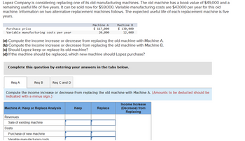 Lopez Company is considering replacing one of its old manufacturing machines. The old machine has a book value of $49,000 and a
remaining useful life of five years. It can be sold now for $59,000. Variable manufacturing costs are $47,000 per year for this old
machine. Information on two alternative replacement machines follows. The expected useful life of each replacement machine is five
years.
Purchase price
Variable manufacturing costs per year
Machine A
$ 117,000
20,000
Machine B
$ 130,000
12,000
(a) Compute the income increase or decrease from replacing the old machine with Machine A.
(b) Compute the income increase or decrease from replacing the old machine with Machine B.
(c) Should Lopez keep or replace its old machine?
(d) If the machine should be replaced, which new machine should Lopez purchase?
Complete this question by entering your answers in the tabs below.
Req A
Req B
Req C and D
Compute the income increase or decrease from replacing the old machine with Machine A. (Amounts to be deducted should be
indicated with a minus sign.)
Machine A: Keep or Replace Analysis
Keep
Replace
Income Increase
(Decrease) from
Replacing
Revenues
Sale of existing machine
Costs
Purchase of new machine
Variable manufacturing costs